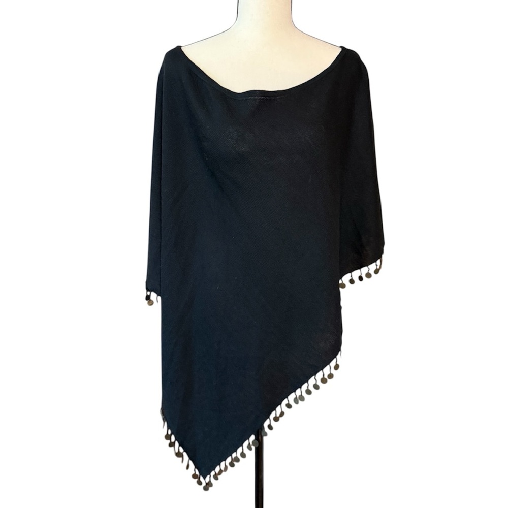 Vertigo Paris Black Asymmetric Knit Poncho fringed with metal discs
